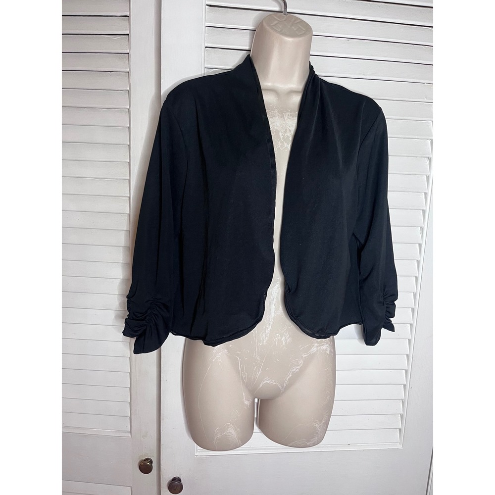 Vtg 90s Collections Etc  Black Ruched  Sleeve Sheer Open Front Bolero Shrug